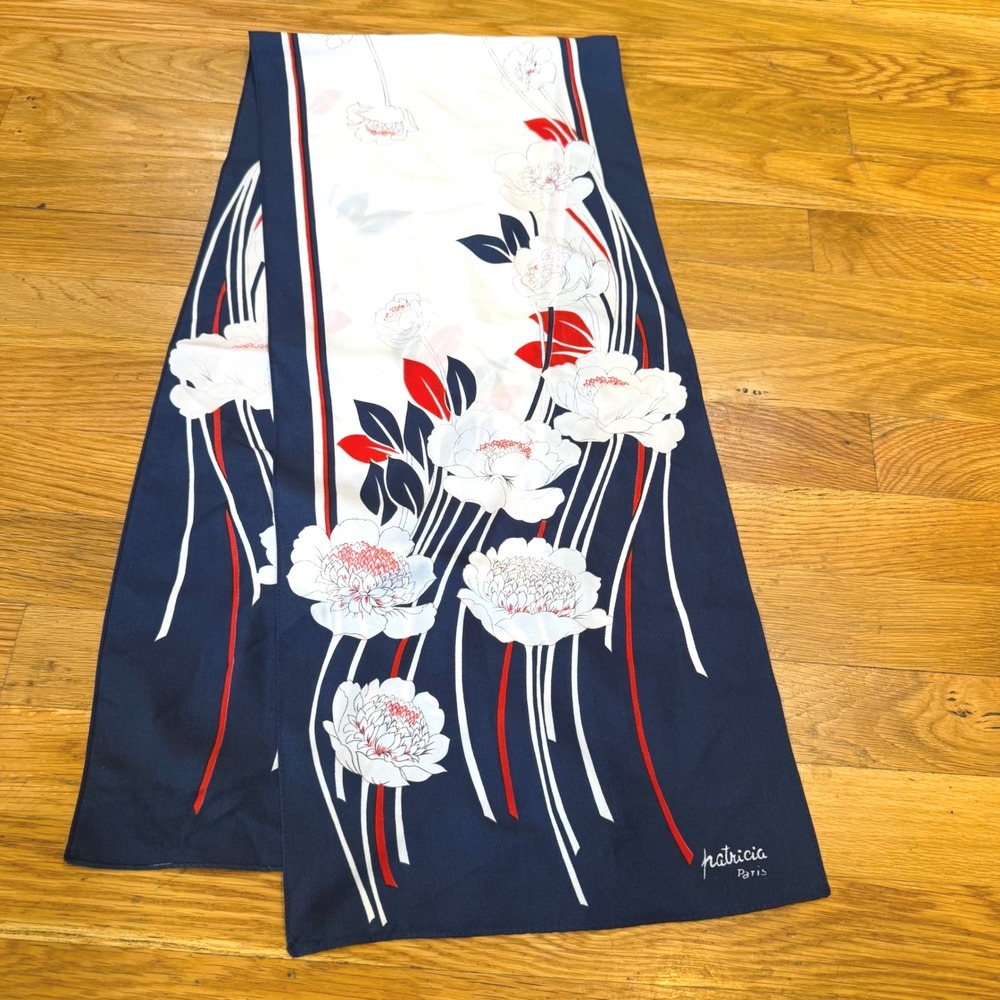 Patricia Paris Vintage Floral Scarf Navy White Red Peony Oblong Rectangle French